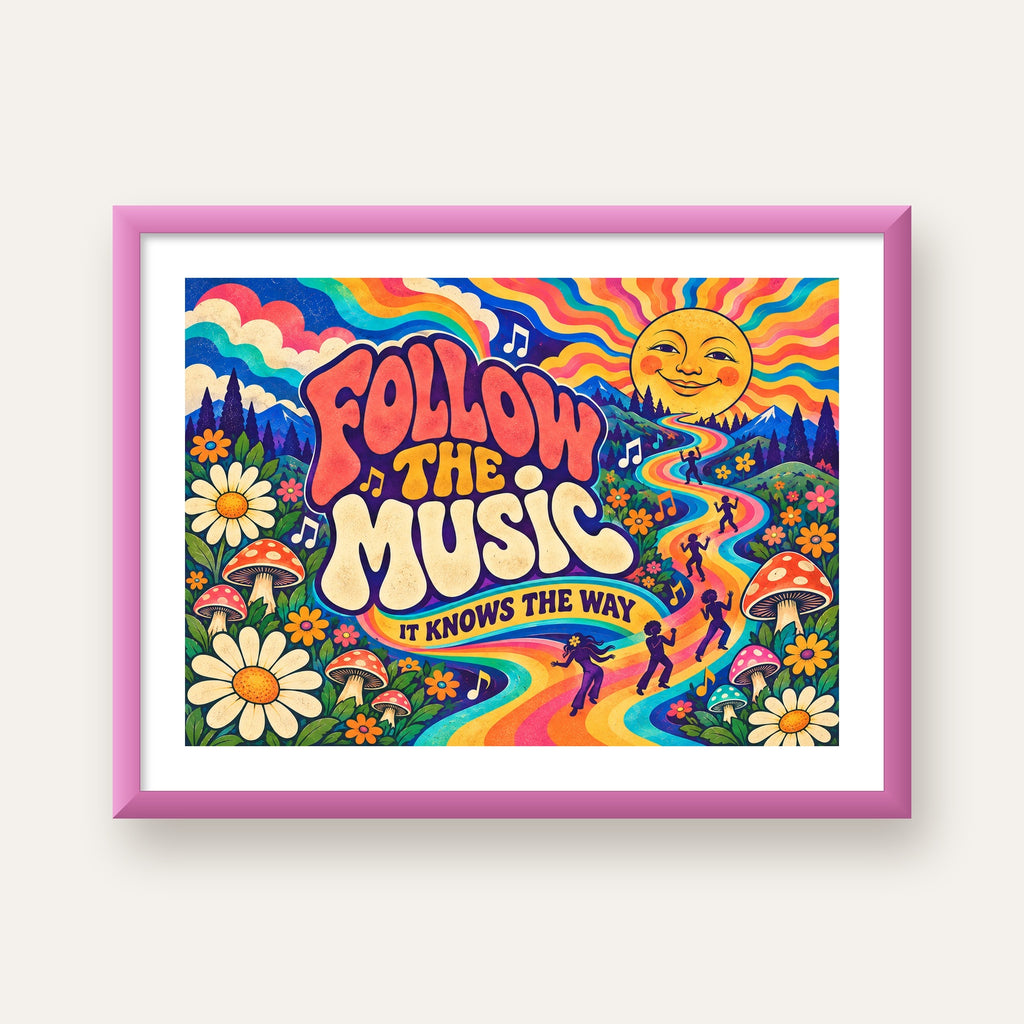 Psikedelik Müzik ve Doğa Temalı Renkli Poster – Dijital İllüstrasyon — pembe çerçeveli paspartulu