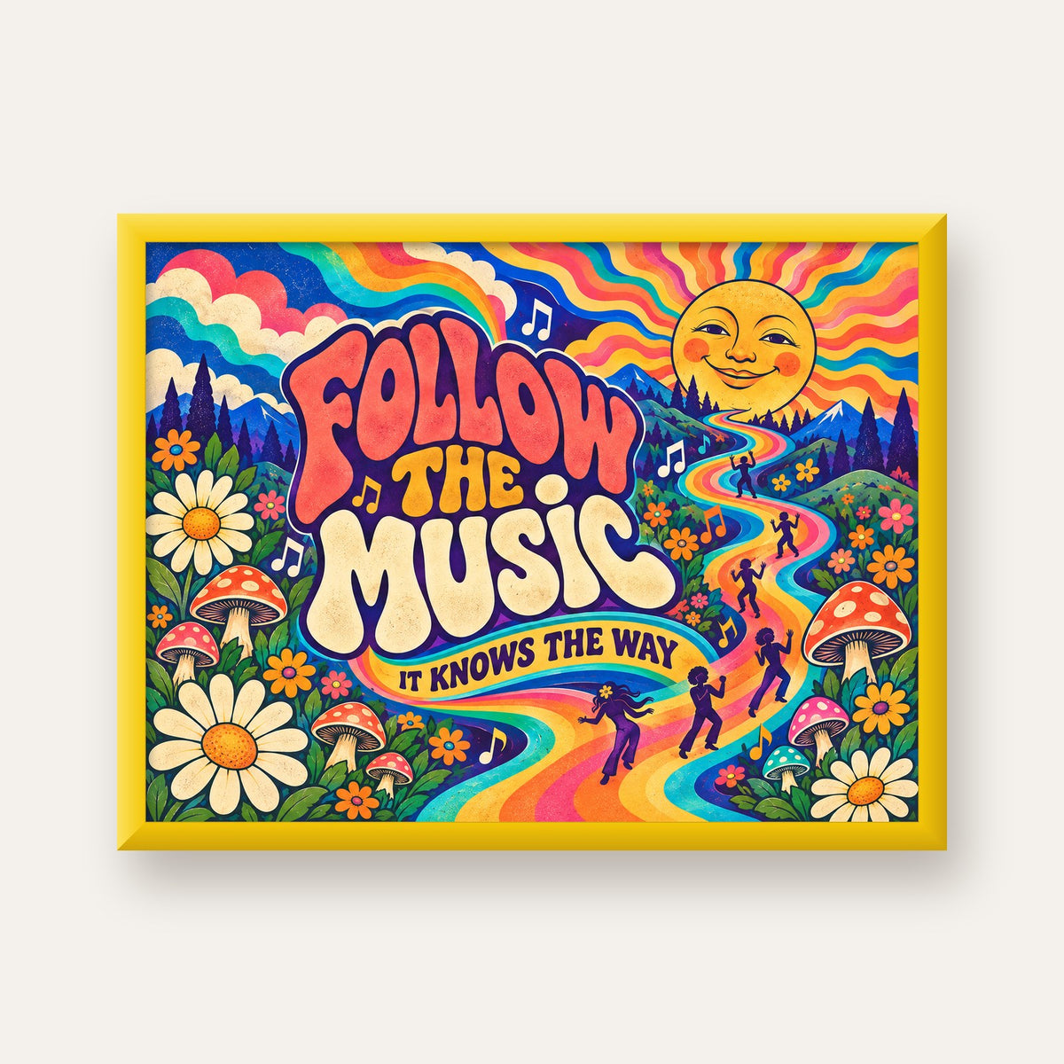 Psikedelik Müzik ve Doğa Temalı Renkli Poster – Dijital İllüstrasyon — sarı çerçeveli