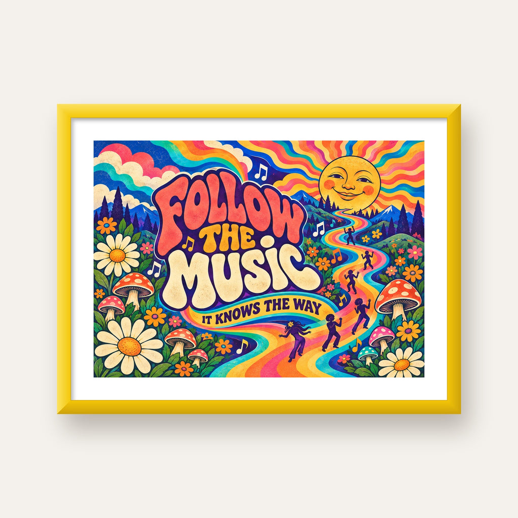 Psikedelik Müzik ve Doğa Temalı Renkli Poster – Dijital İllüstrasyon — sarı çerçeveli paspartulu