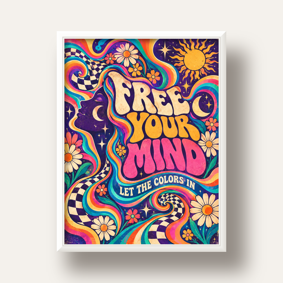 Psikedelik Renkli Özgürlük Poster – Retro Dijital Sanat Baskısı — beyaz derin çerçeveli