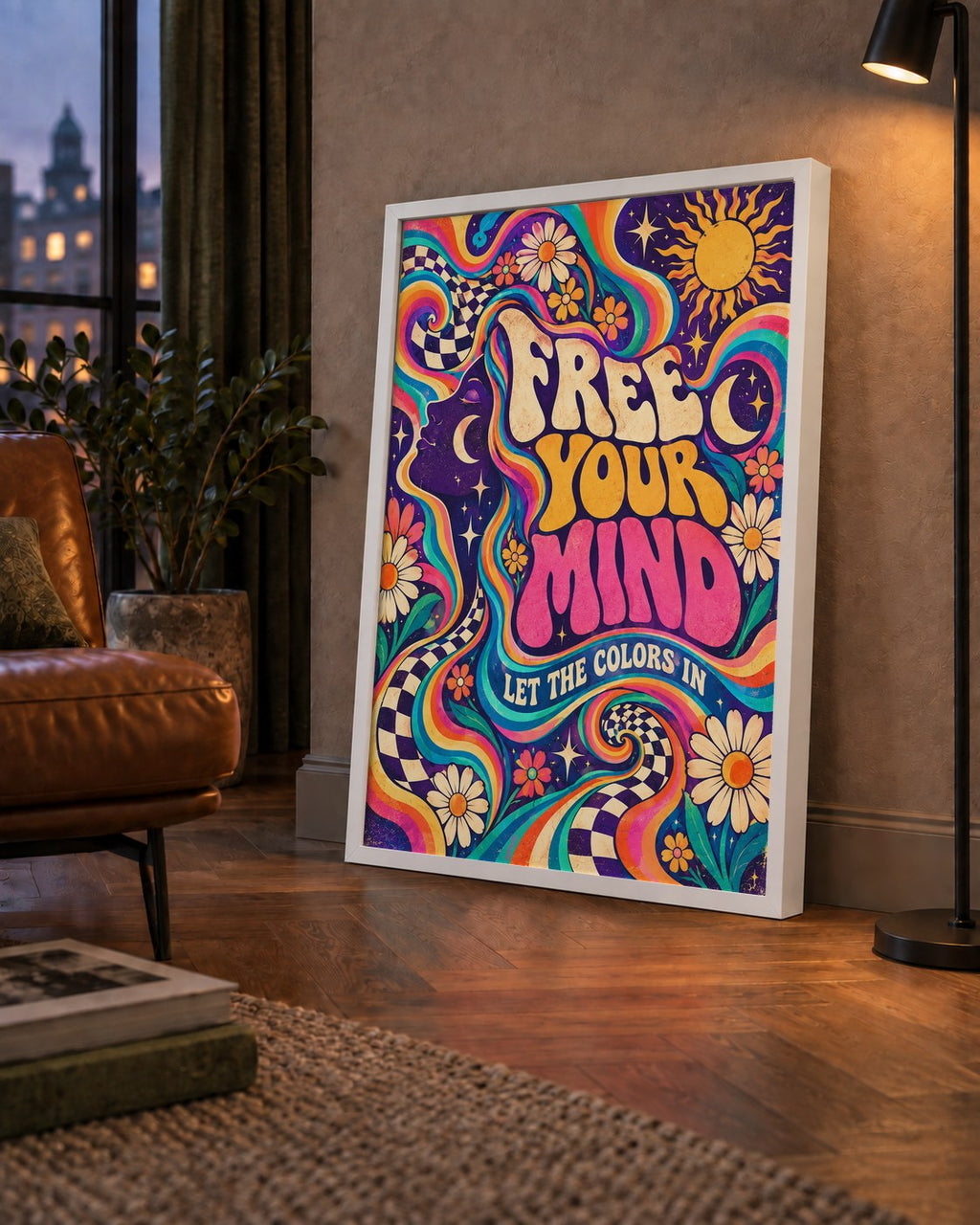 Psikedelik Renkli Özgürlük Poster – Retro Dijital Sanat Baskısı — çerçeveli hâliyle bir ev duvarında