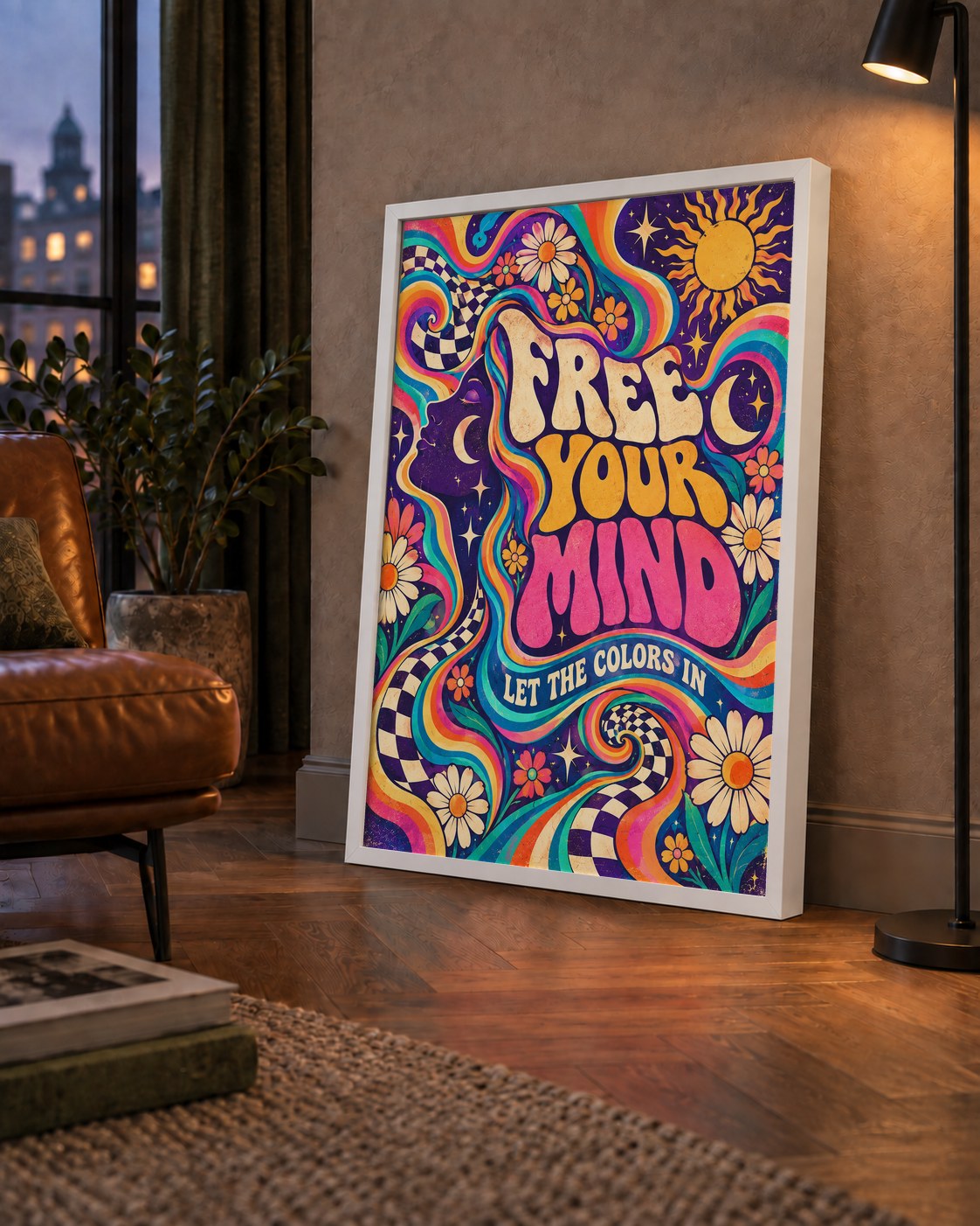 Psikedelik Renkli Özgürlük Poster – Retro Dijital Sanat Baskısı — çerçeveli hâliyle bir ev duvarında