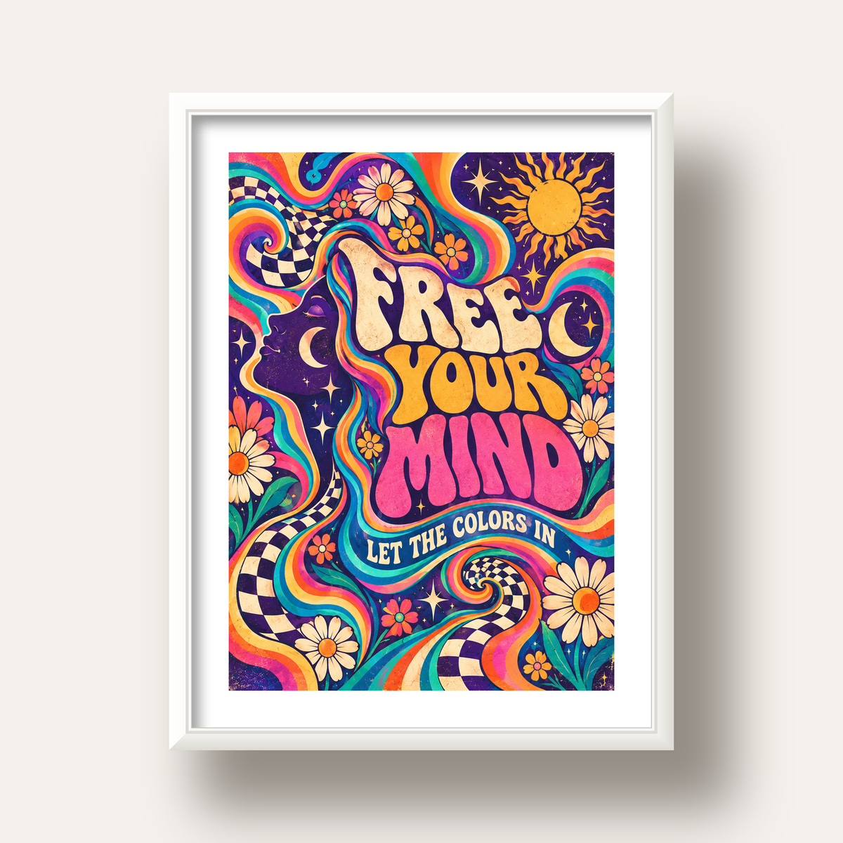 Psikedelik Renkli Özgürlük Poster – Retro Dijital Sanat Baskısı — beyaz derin çerçeveli paspartulu