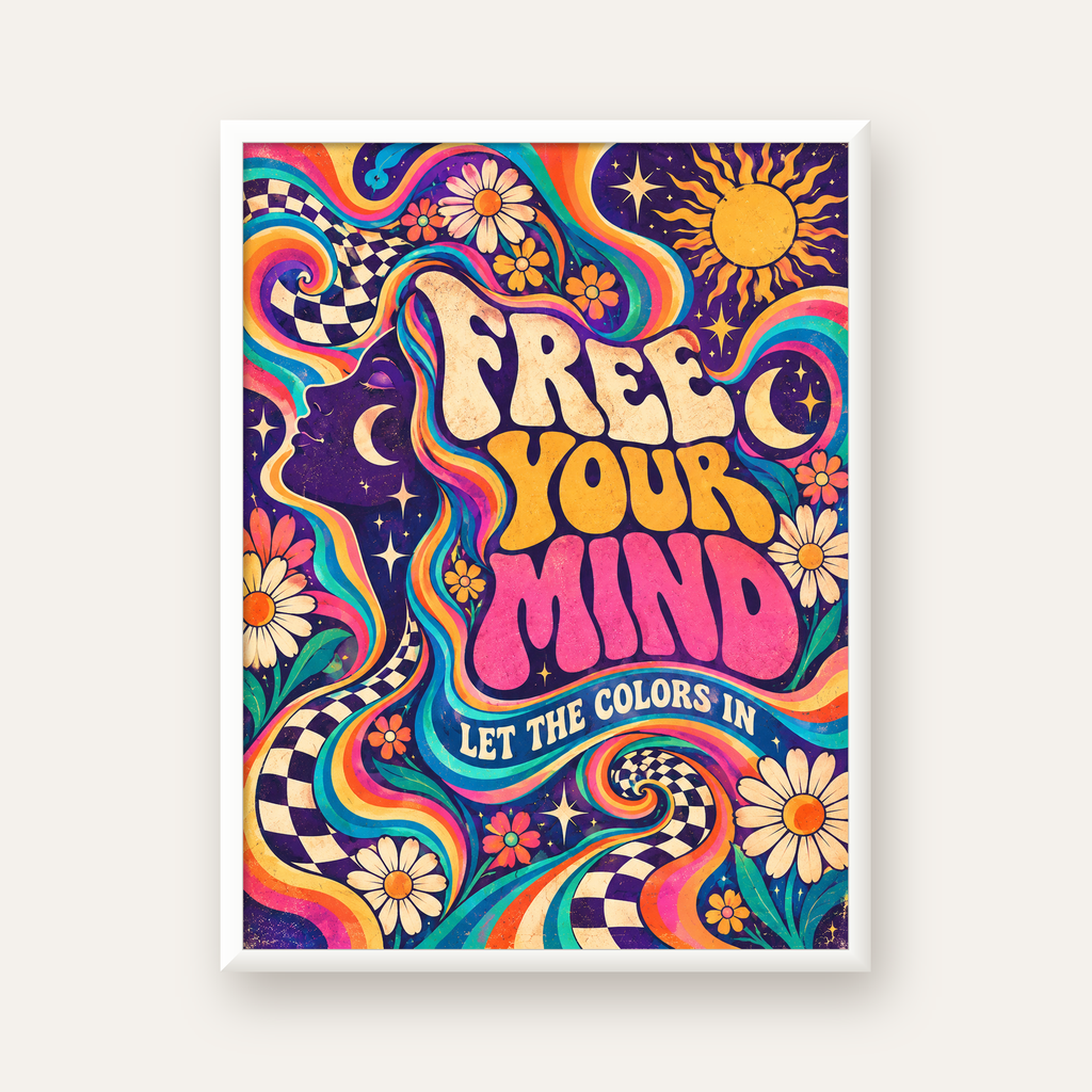 Psikedelik Renkli Özgürlük Poster – Retro Dijital Sanat Baskısı — beyaz çerçeveli dikey poster