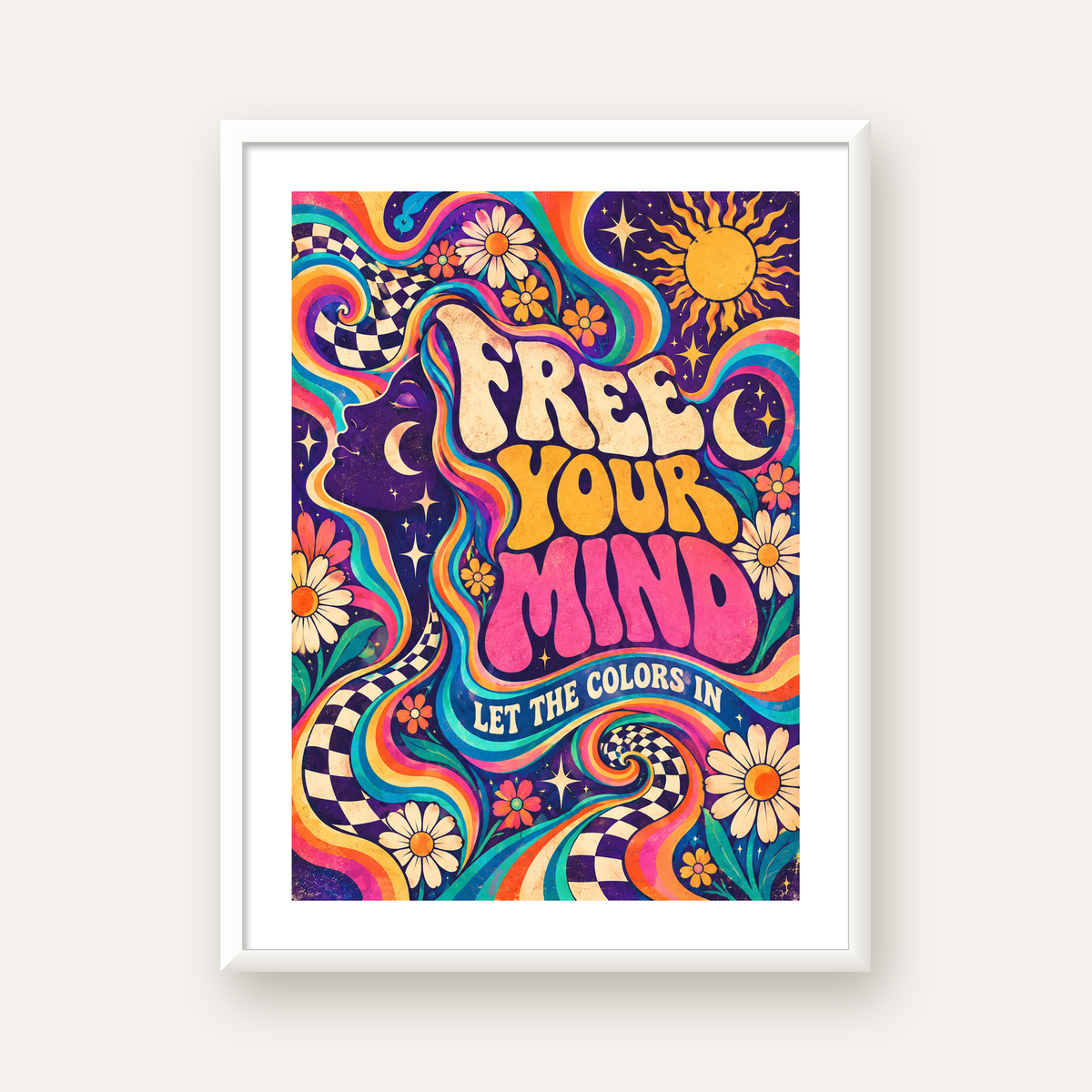 Psikedelik Renkli Özgürlük Poster – Retro Dijital Sanat Baskısı — beyaz çerçeveli dikey poster