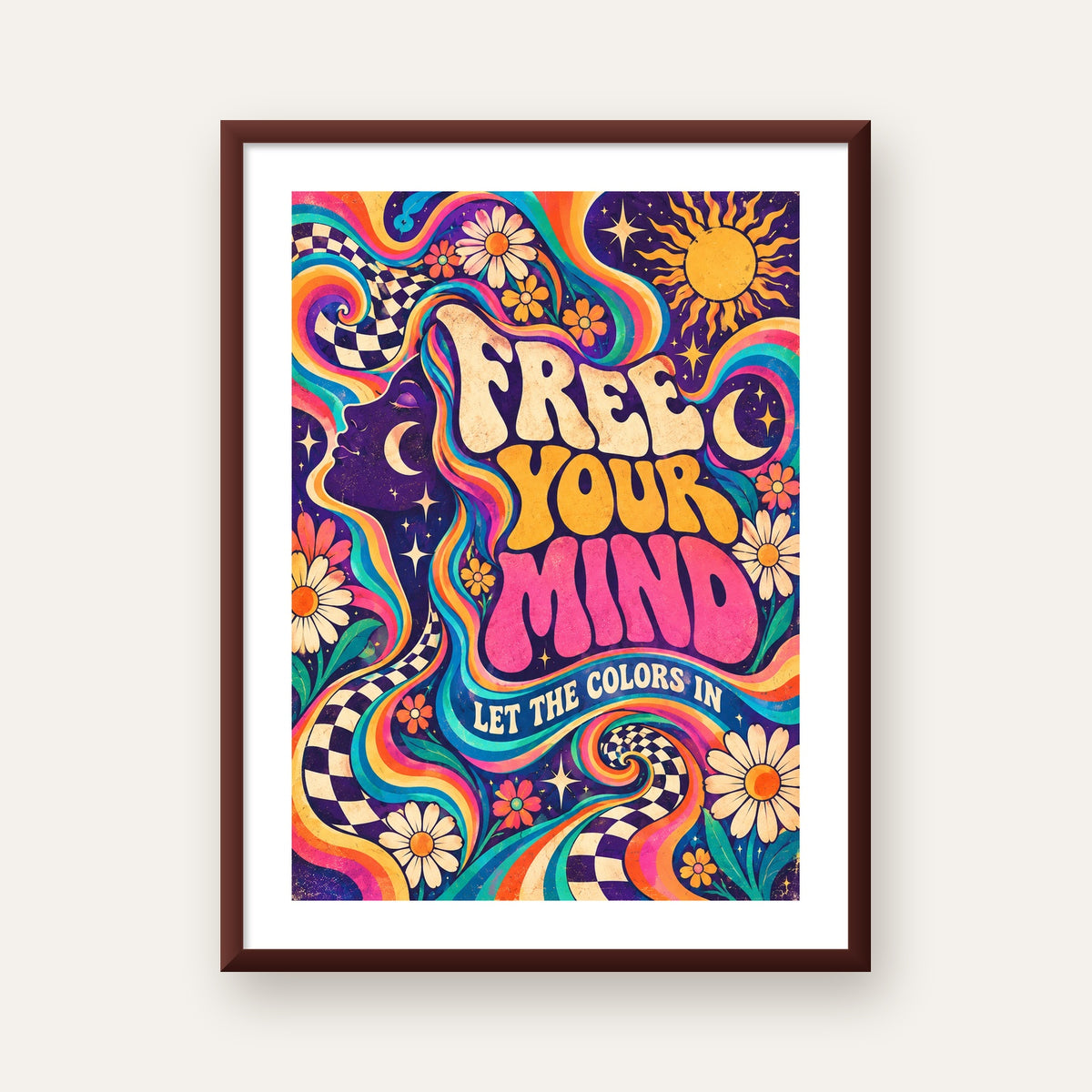 Psikedelik Renkli Özgürlük Poster – Retro Dijital Sanat Baskısı — ceviz çerçeveli paspartulu