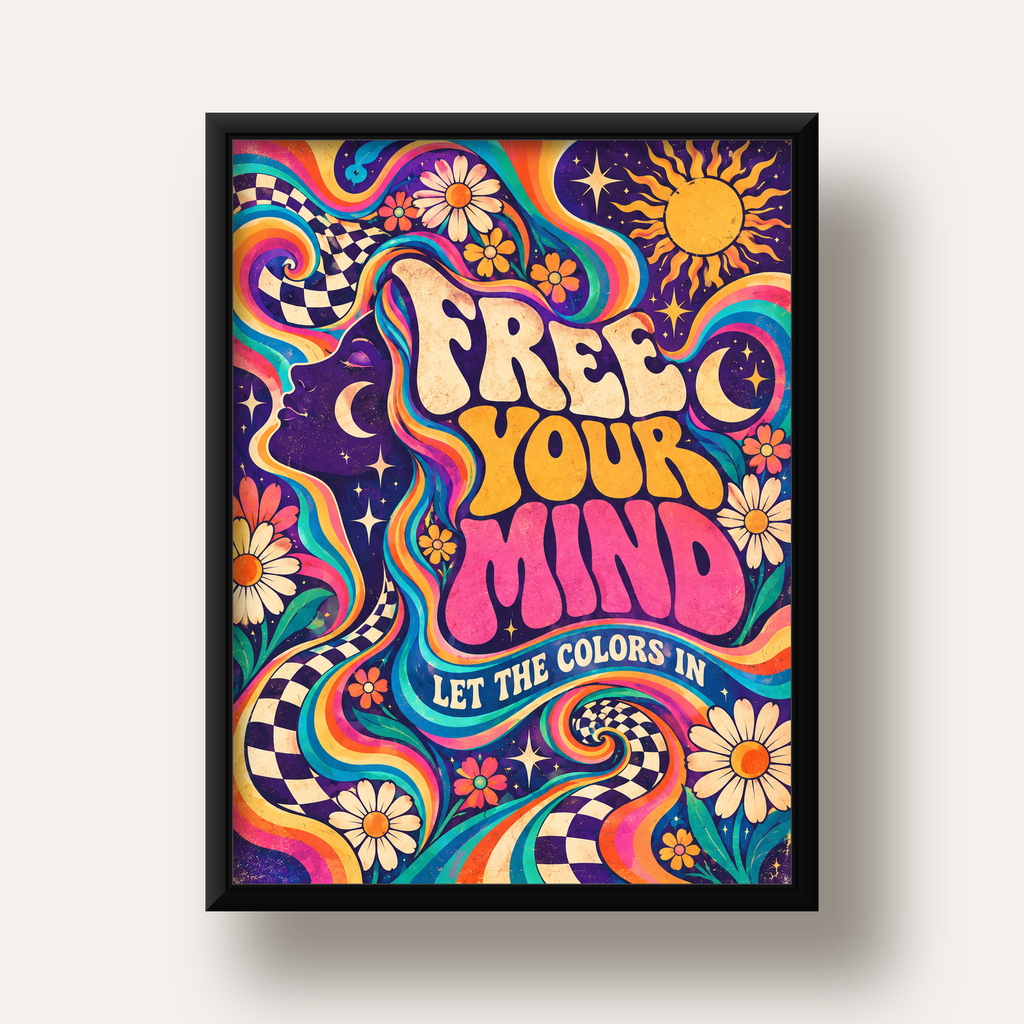 Psikedelik Renkli Özgürlük Poster – Retro Dijital Sanat Baskısı — siyah derin çerçeveli