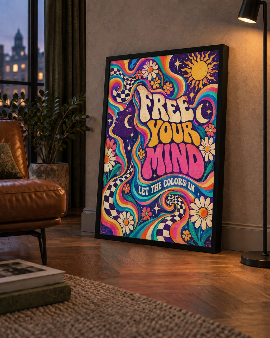 Psikedelik Renkli Özgürlük Poster – Retro Dijital Sanat Baskısı — çerçeveli hâliyle bir ev duvarında