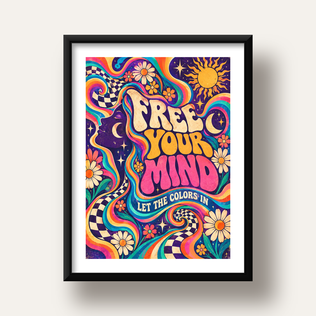 Psikedelik Renkli Özgürlük Poster – Retro Dijital Sanat Baskısı — siyah derin çerçeveli paspartulu