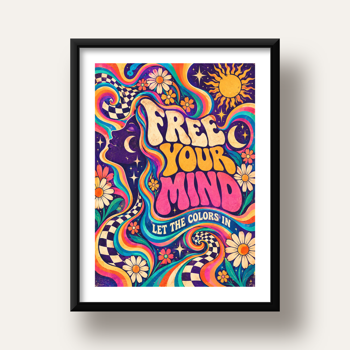 Psikedelik Renkli Özgürlük Poster – Retro Dijital Sanat Baskısı — siyah derin çerçeveli paspartulu