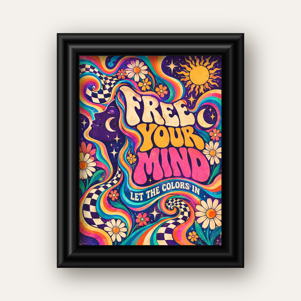 Psikedelik Renkli Özgürlük Poster – Retro Dijital Sanat Baskısı — siyah galeri çerçeveli