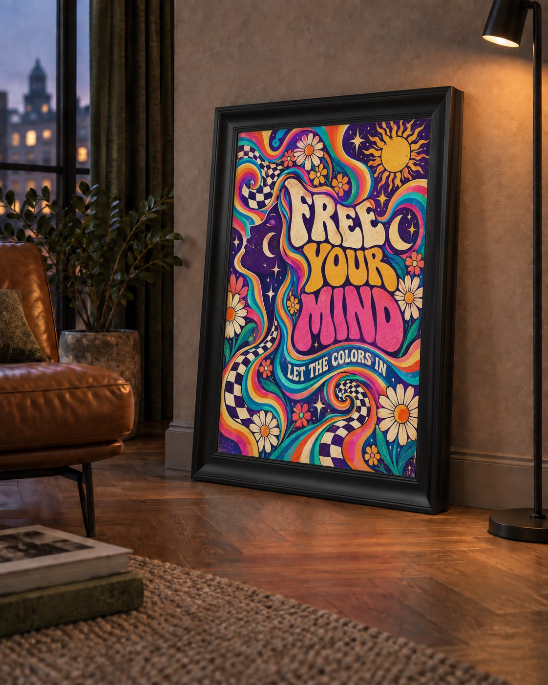 Psikedelik Renkli Özgürlük Poster – Retro Dijital Sanat Baskısı — çerçeveli hâliyle bir ev duvarında