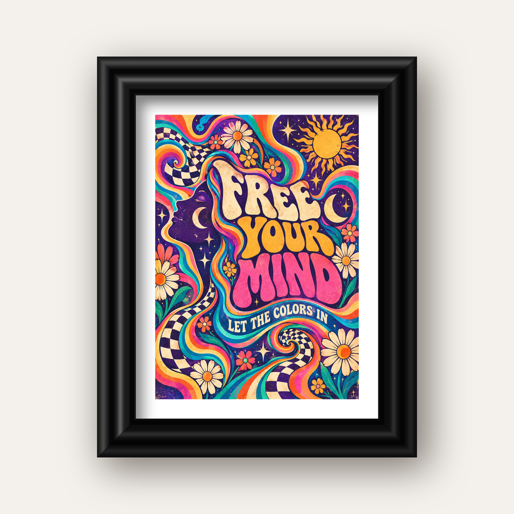 Psikedelik Renkli Özgürlük Poster – Retro Dijital Sanat Baskısı — siyah galeri çerçeveli paspartulu