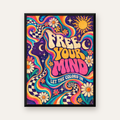 Psikedelik Renkli Özgürlük Poster – Retro Dijital Sanat Baskısı — Dikey baskı, düz siyah çerçeveli duvar posteri