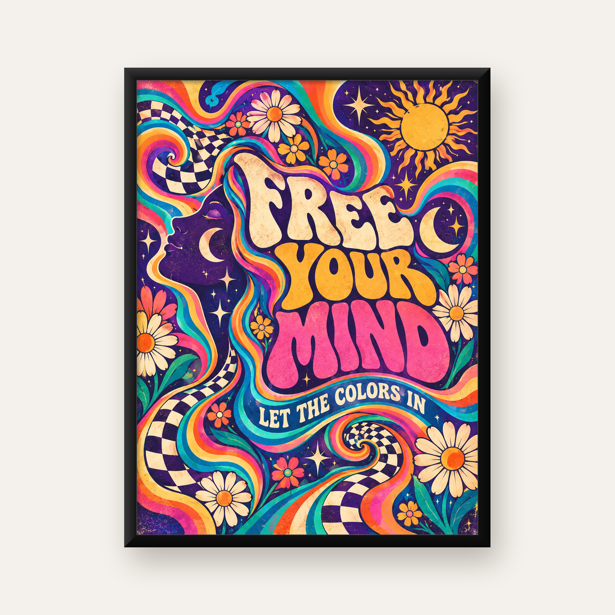 Psikedelik Renkli Özgürlük Poster – Retro Dijital Sanat Baskısı — Dikey baskı, düz siyah çerçeveli duvar posteri