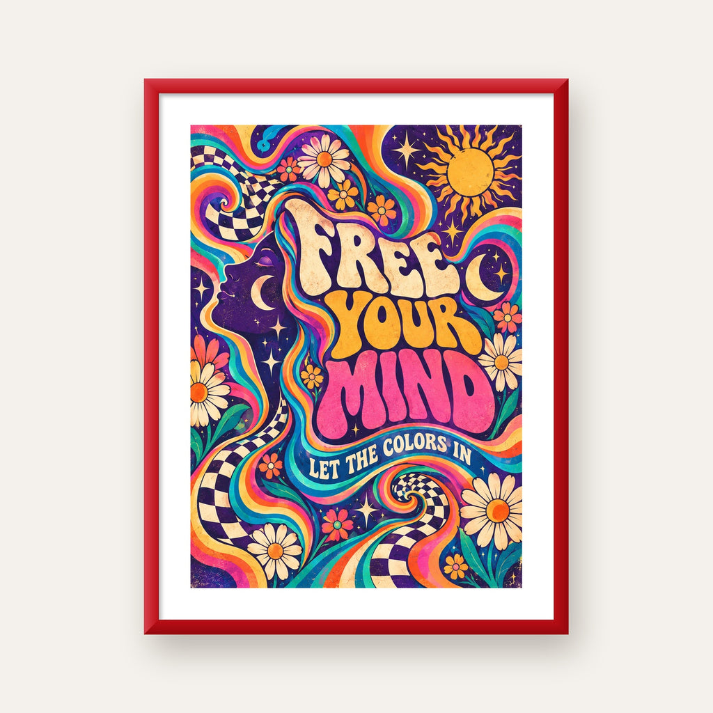 Psikedelik Renkli Özgürlük Poster – Retro Dijital Sanat Baskısı — kırmızı çerçeveli paspartulu