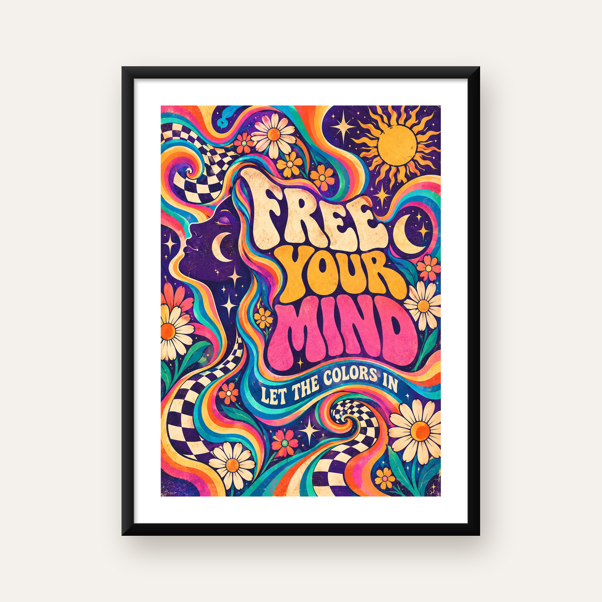 Psikedelik Renkli Özgürlük Poster – Retro Dijital Sanat Baskısı — Dikey baskı, beyaz paspartulu
