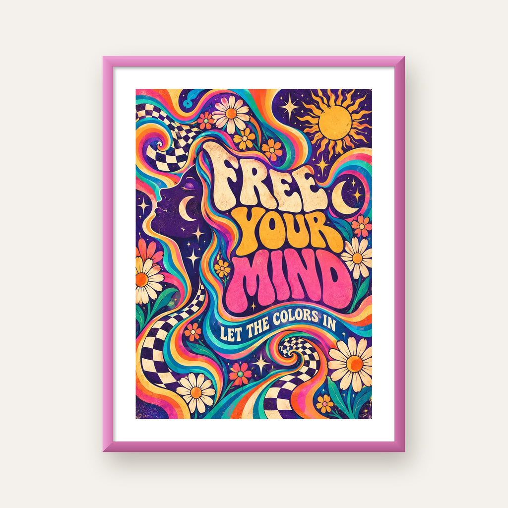 Psikedelik Renkli Özgürlük Poster – Retro Dijital Sanat Baskısı — pembe çerçeveli paspartulu