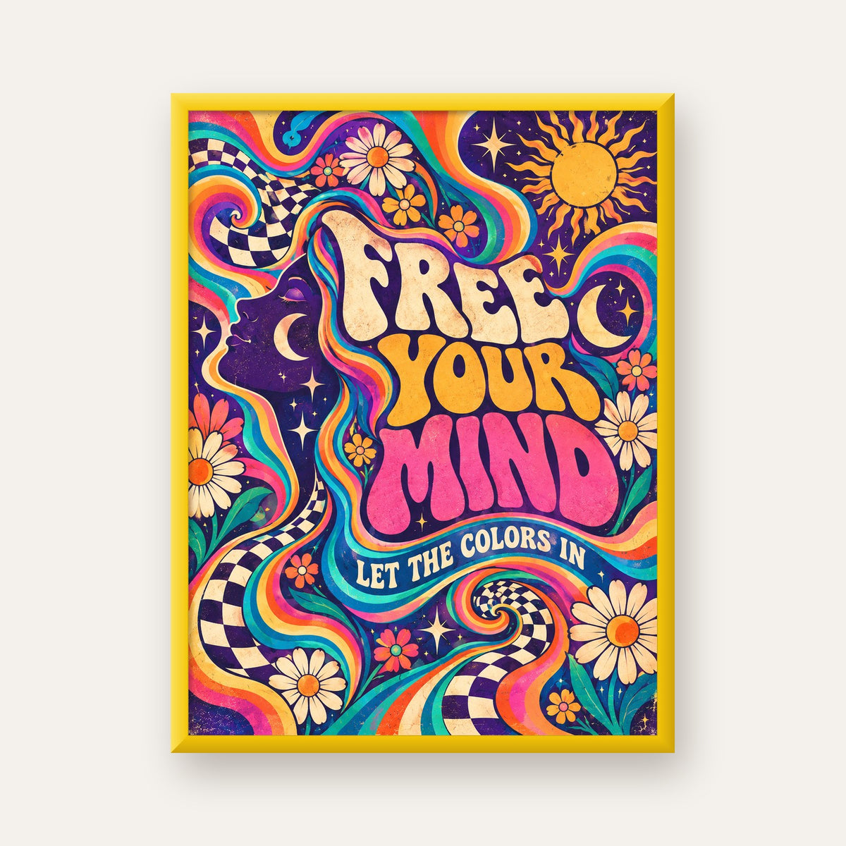 Psikedelik Renkli Özgürlük Poster – Retro Dijital Sanat Baskısı — sarı çerçeveli