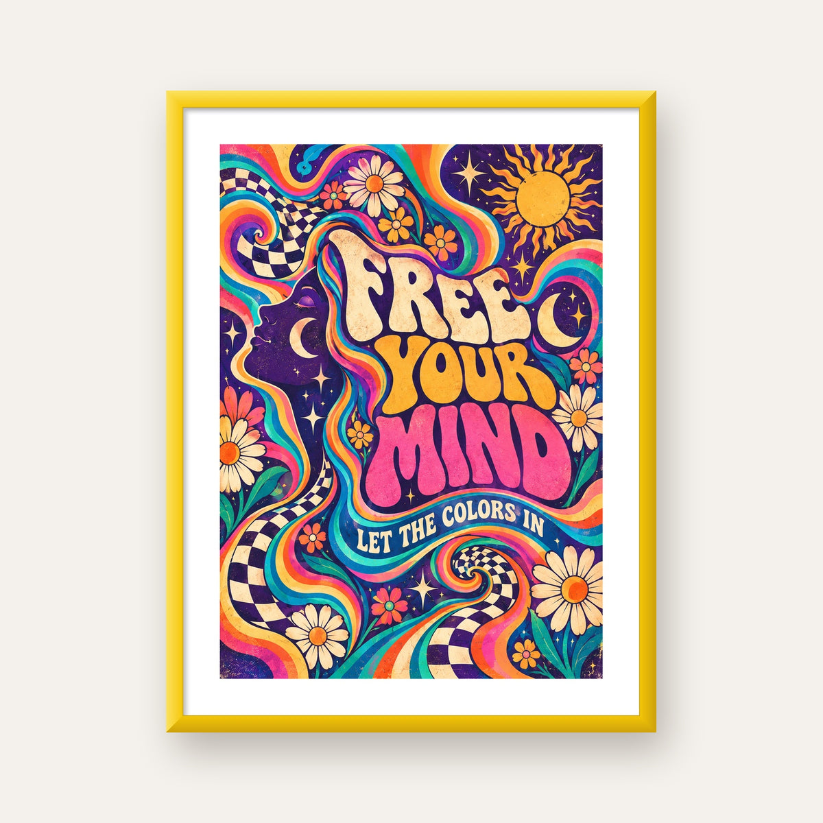 Psikedelik Renkli Özgürlük Poster – Retro Dijital Sanat Baskısı — sarı çerçeveli paspartulu