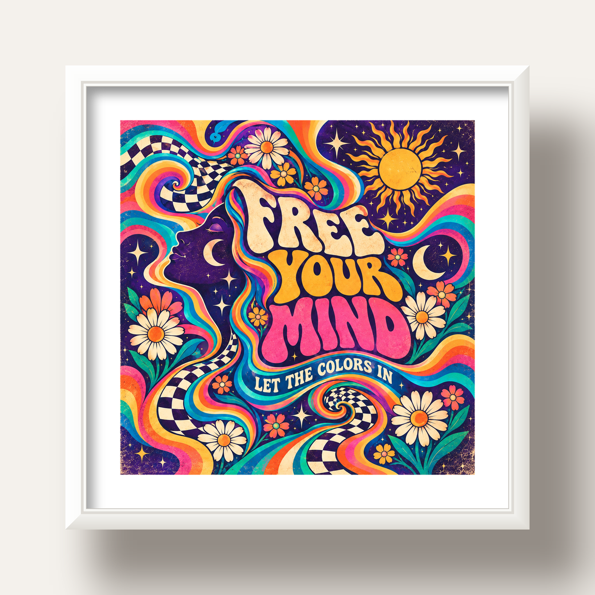 Psikedelik Renkli Özgürlük Poster – Retro Dijital Sanat Baskısı — beyaz derin çerçeveli paspartulu