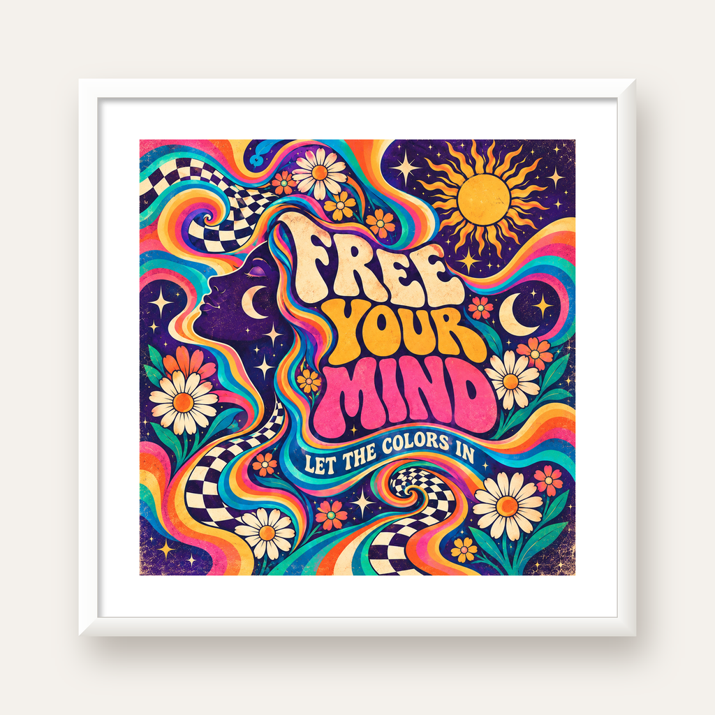 Psikedelik Renkli Özgürlük Poster – Retro Dijital Sanat Baskısı — beyaz çerçeveli kare poster