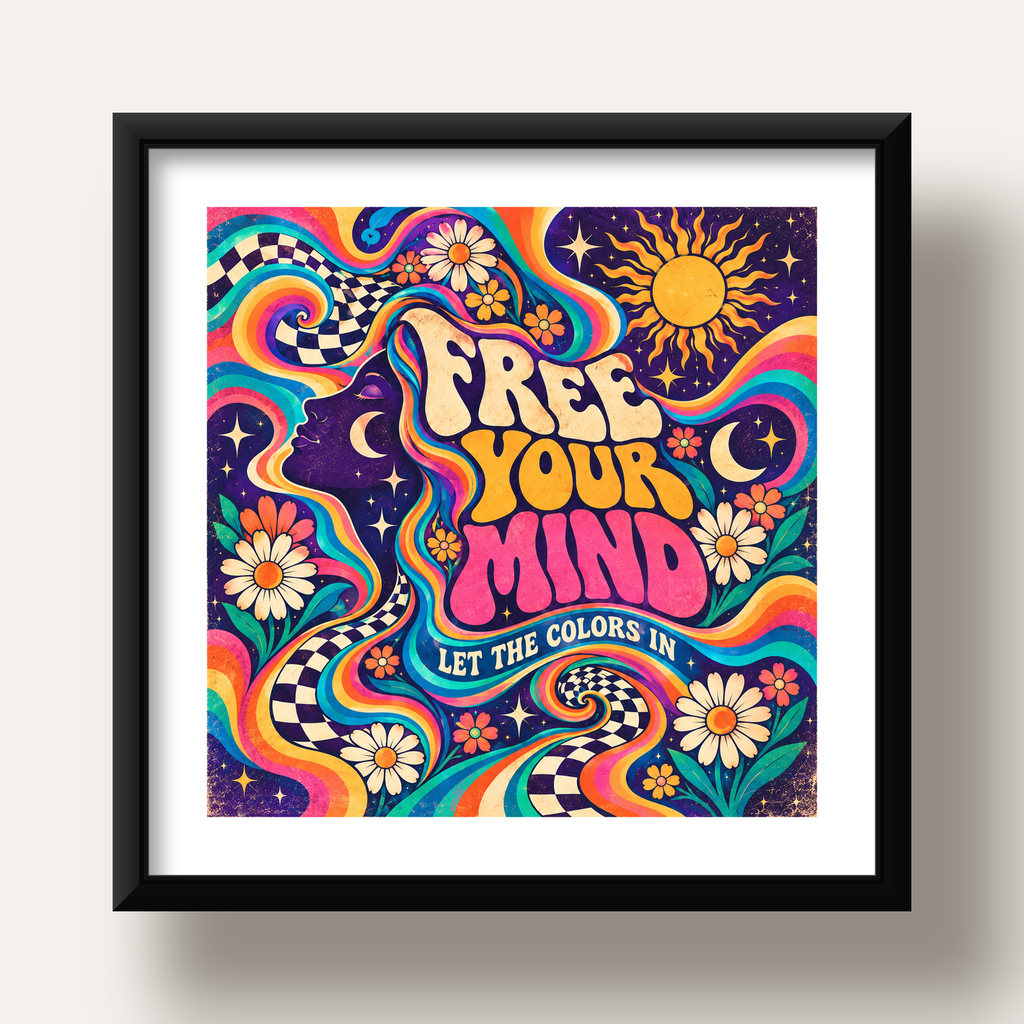 Psikedelik Renkli Özgürlük Poster – Retro Dijital Sanat Baskısı — siyah derin çerçeveli paspartulu