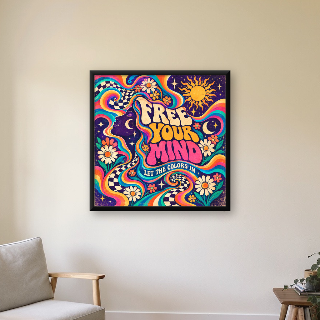 Psikedelik Renkli Özgürlük Poster – Retro Dijital Sanat Baskısı — Kare baskı, çerçeveli hâliyle bir ev duvarında