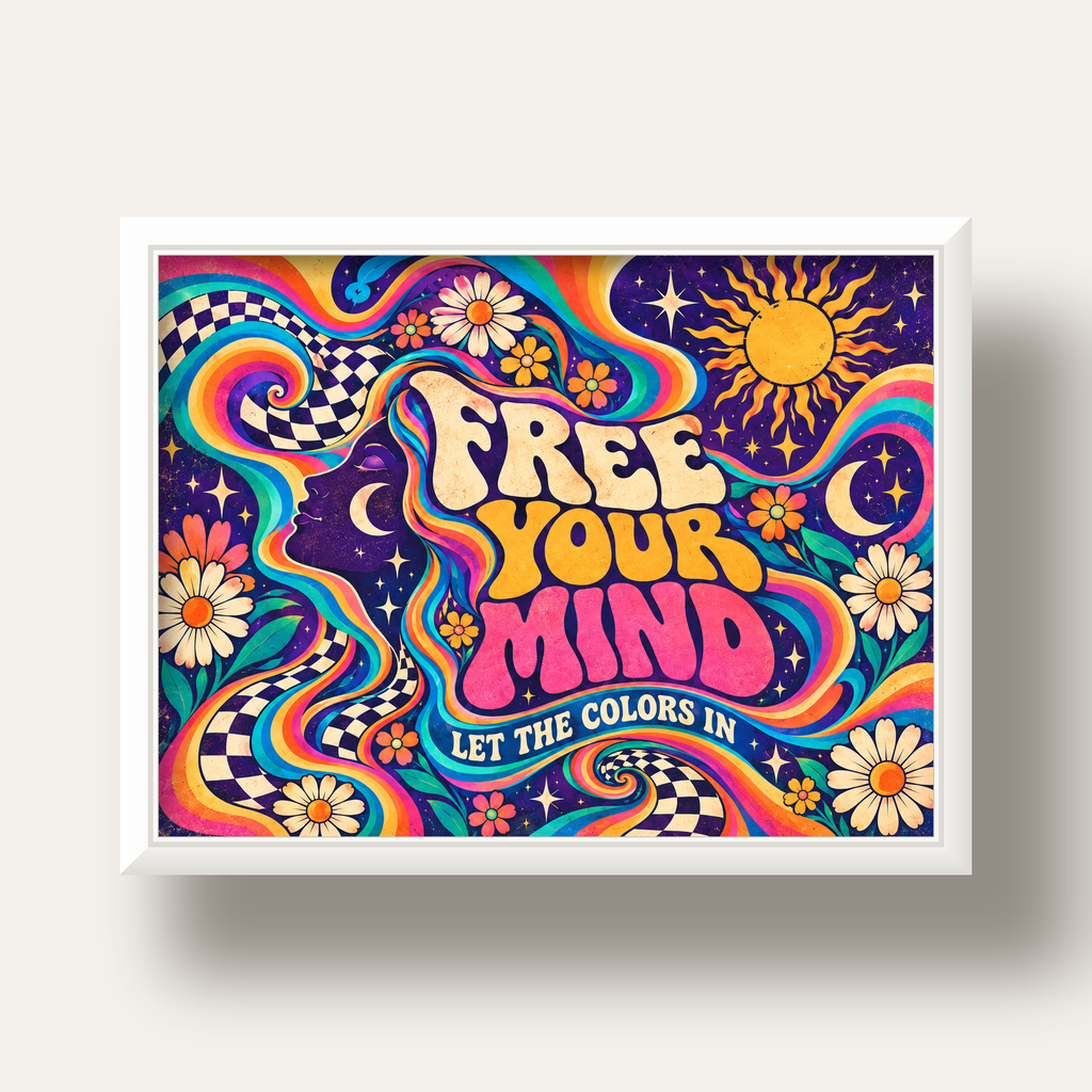Psikedelik Renkli Özgürlük Poster – Retro Dijital Sanat Baskısı — beyaz derin çerçeveli