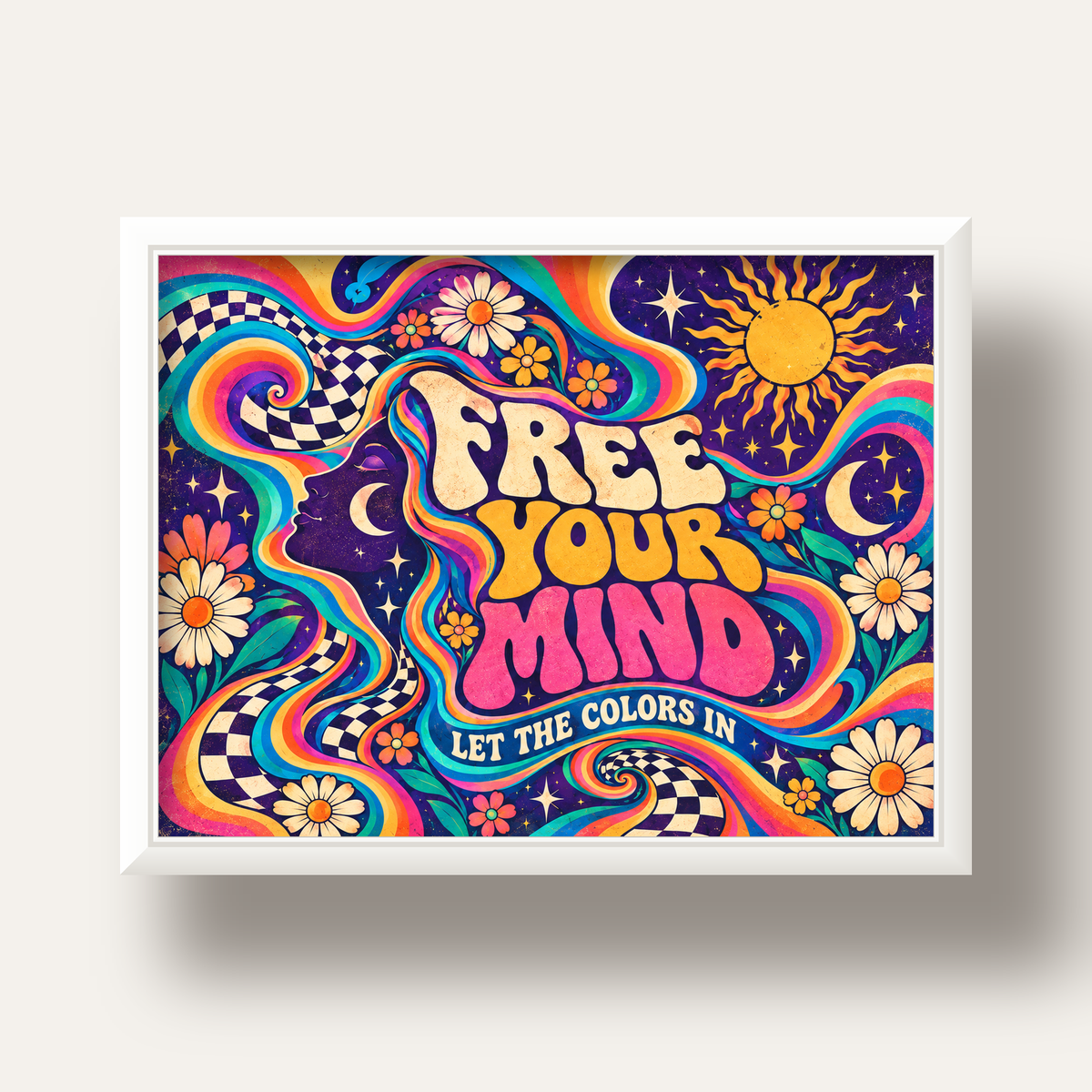 Psikedelik Renkli Özgürlük Poster – Retro Dijital Sanat Baskısı — beyaz derin çerçeveli