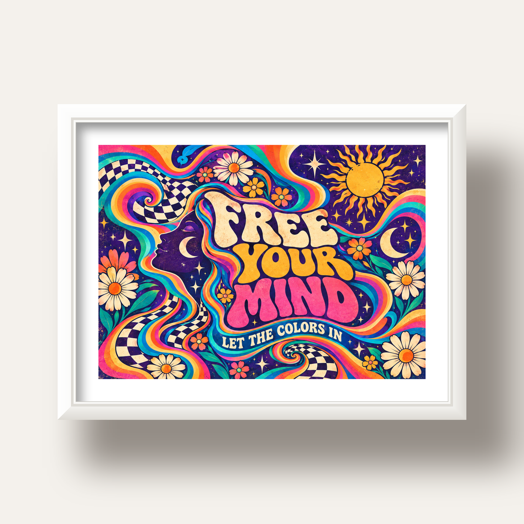 Psikedelik Renkli Özgürlük Poster – Retro Dijital Sanat Baskısı — beyaz derin çerçeveli paspartulu