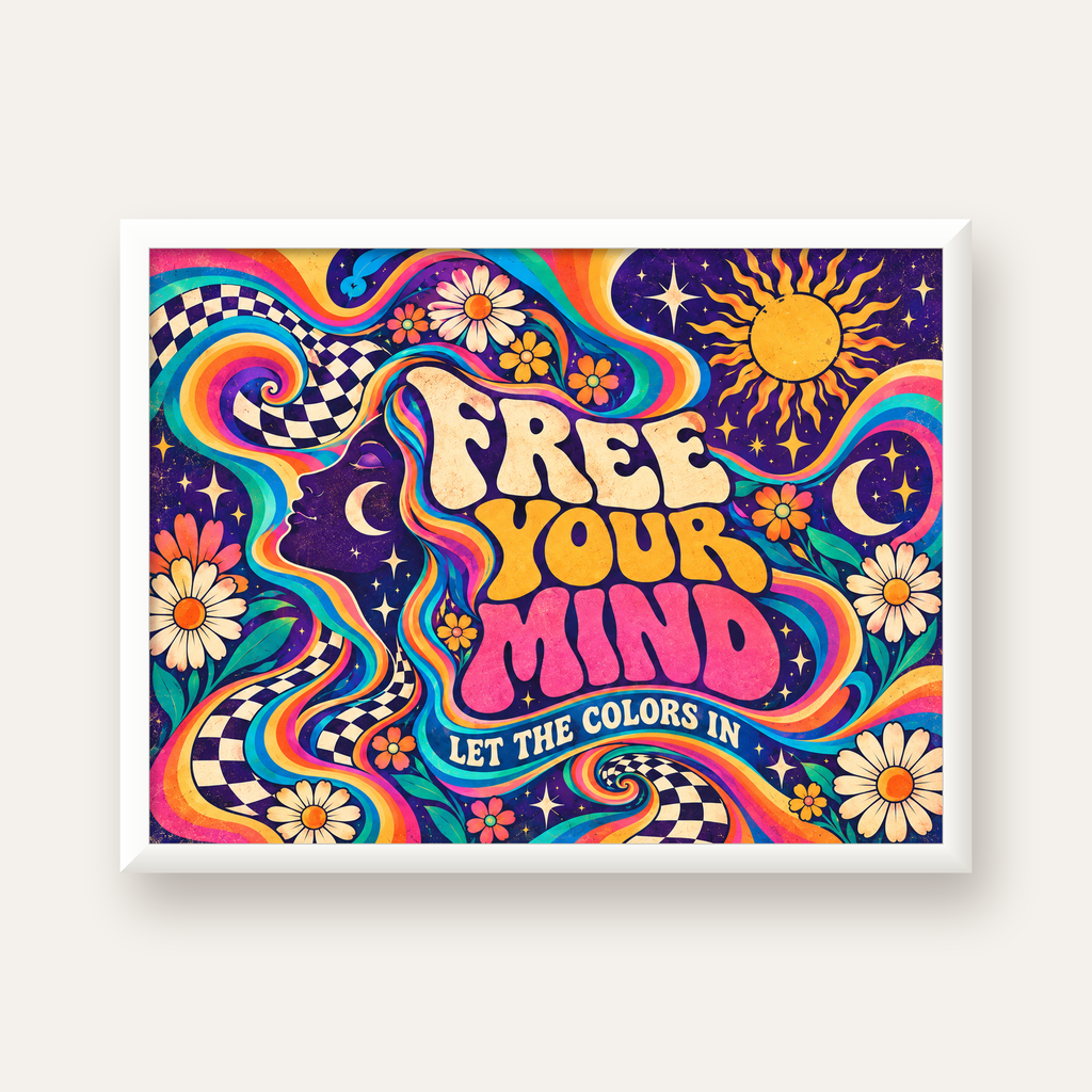 Psikedelik Renkli Özgürlük Poster – Retro Dijital Sanat Baskısı — beyaz çerçeveli yatay poster