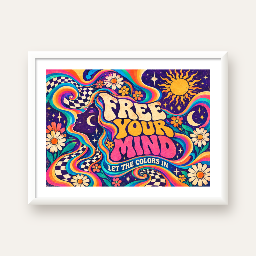 Psikedelik Renkli Özgürlük Poster – Retro Dijital Sanat Baskısı — beyaz çerçeveli yatay poster