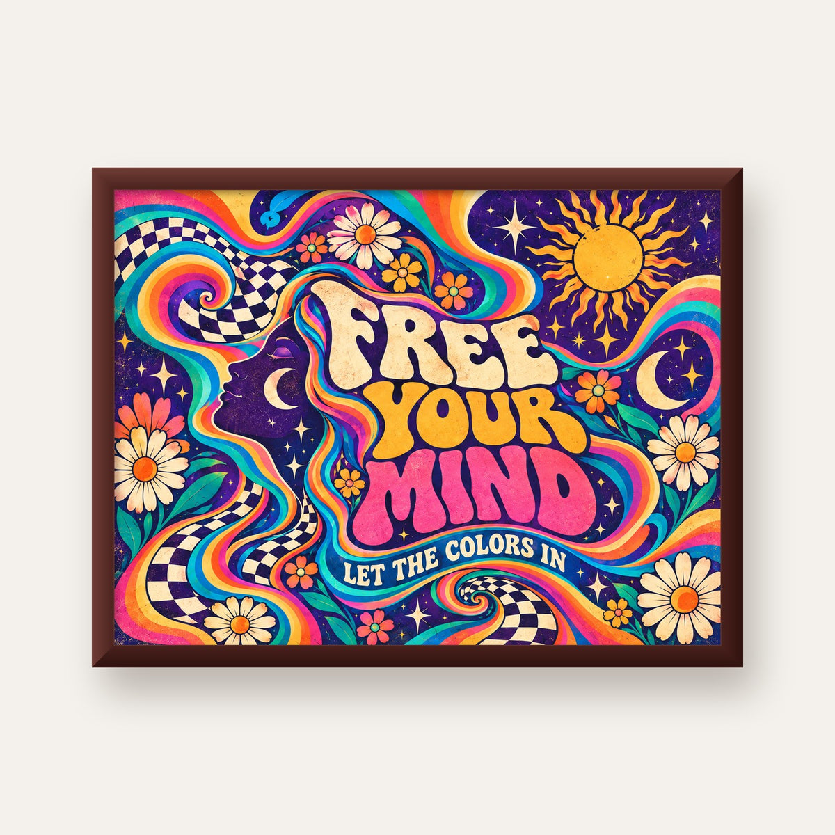 Psikedelik Renkli Özgürlük Poster – Retro Dijital Sanat Baskısı — ceviz çerçeveli