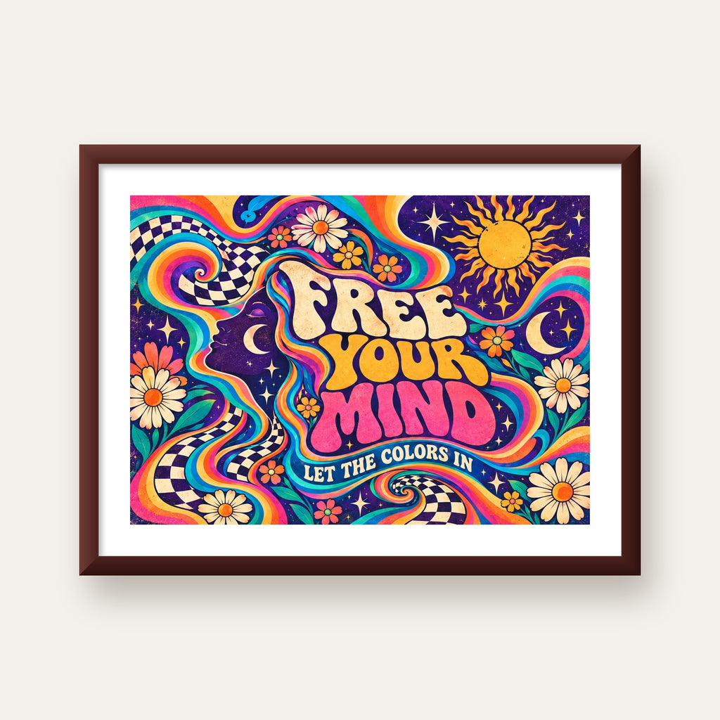 Psikedelik Renkli Özgürlük Poster – Retro Dijital Sanat Baskısı — ceviz çerçeveli paspartulu