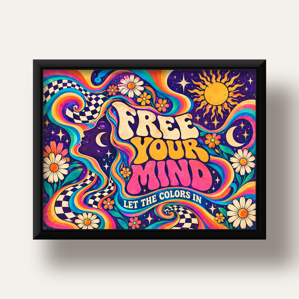 Psikedelik Renkli Özgürlük Poster – Retro Dijital Sanat Baskısı — siyah derin çerçeveli