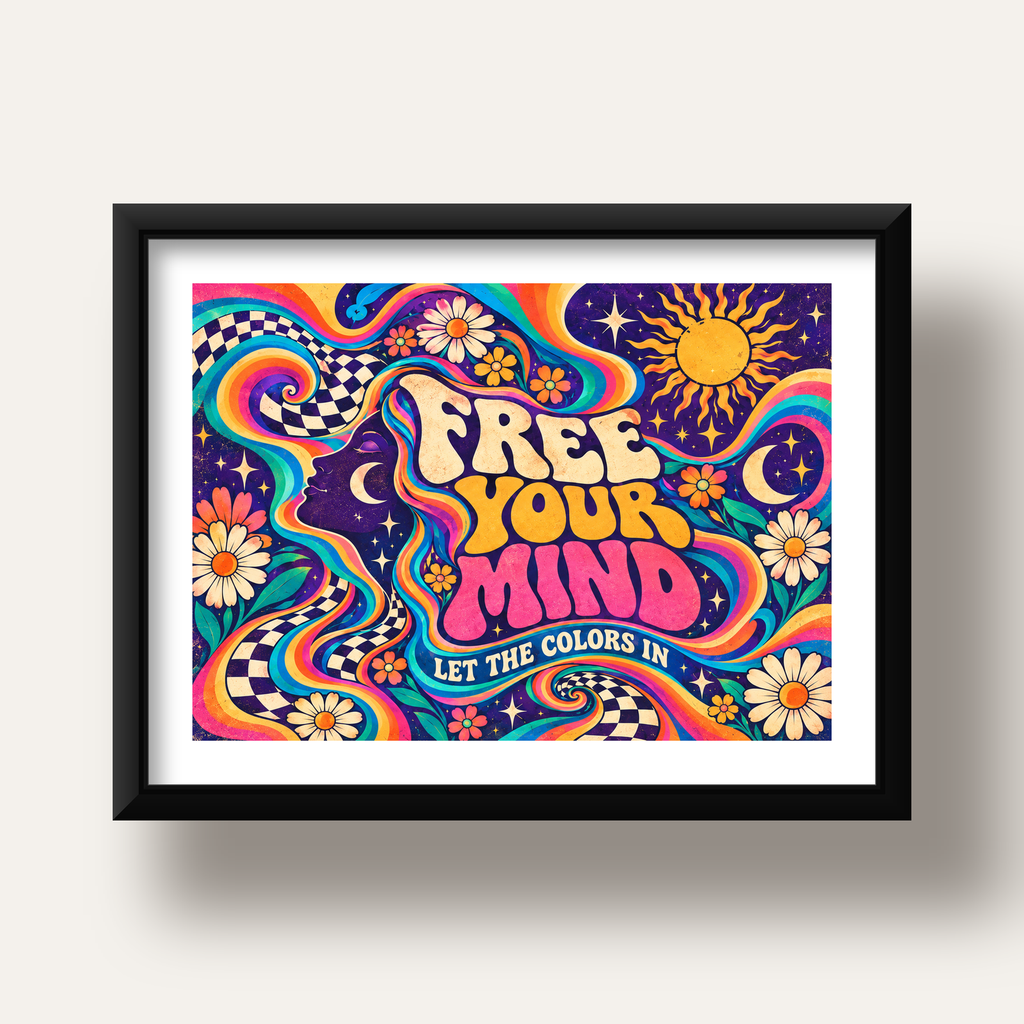 Psikedelik Renkli Özgürlük Poster – Retro Dijital Sanat Baskısı — siyah derin çerçeveli paspartulu