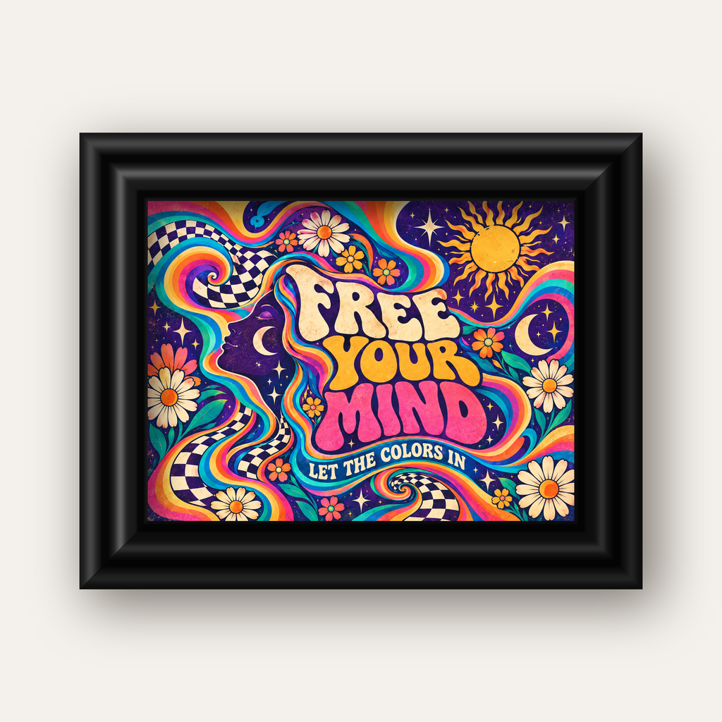 Psikedelik Renkli Özgürlük Poster – Retro Dijital Sanat Baskısı — siyah galeri çerçeveli