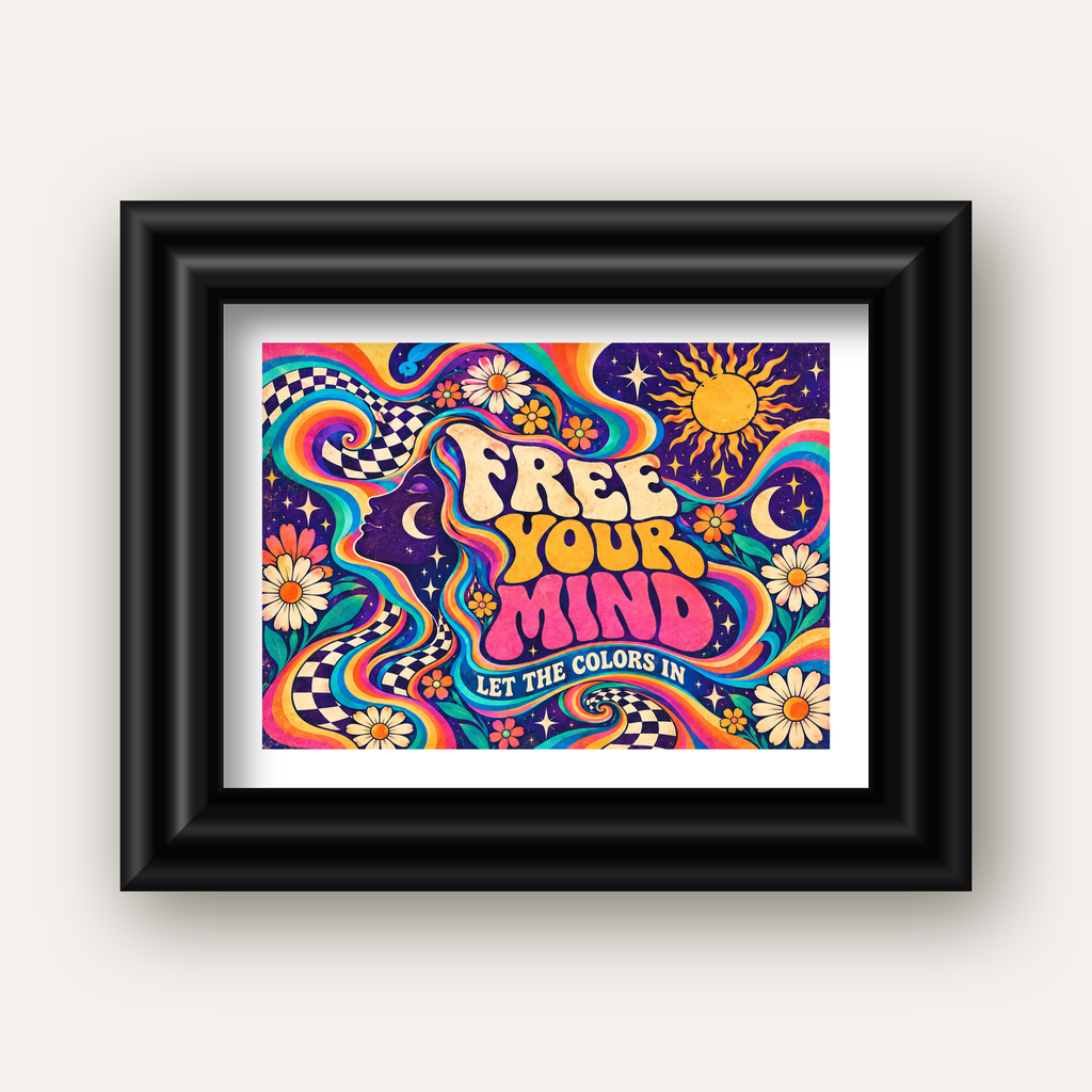 Psikedelik Renkli Özgürlük Poster – Retro Dijital Sanat Baskısı — siyah galeri çerçeveli paspartulu