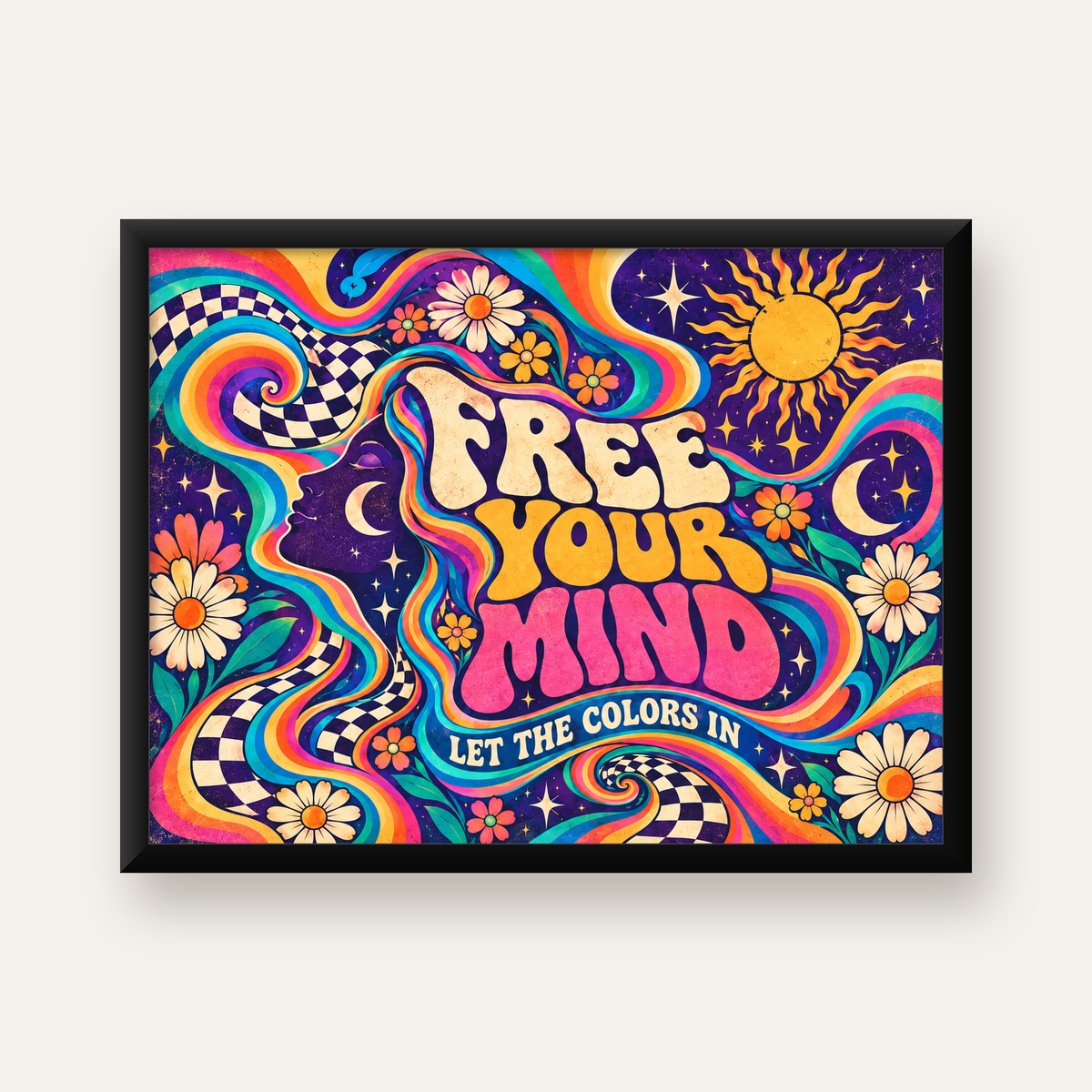 Psikedelik Renkli Özgürlük Poster – Retro Dijital Sanat Baskısı — Yatay baskı, düz siyah çerçeveli duvar posteri