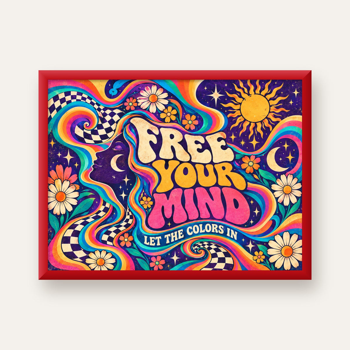 Psikedelik Renkli Özgürlük Poster – Retro Dijital Sanat Baskısı — kırmızı çerçeveli