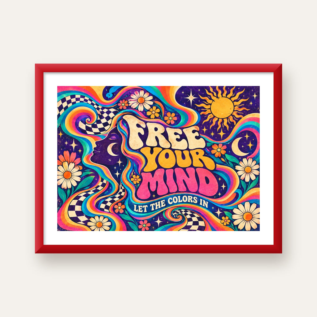 Psikedelik Renkli Özgürlük Poster – Retro Dijital Sanat Baskısı — kırmızı çerçeveli paspartulu
