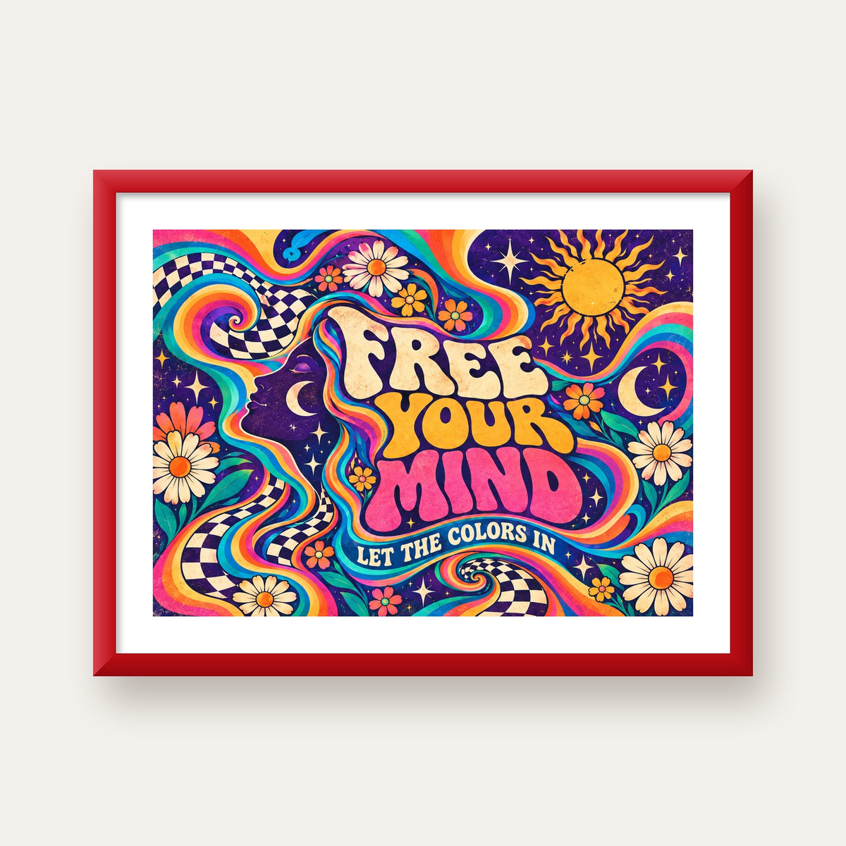Psikedelik Renkli Özgürlük Poster – Retro Dijital Sanat Baskısı — kırmızı çerçeveli paspartulu