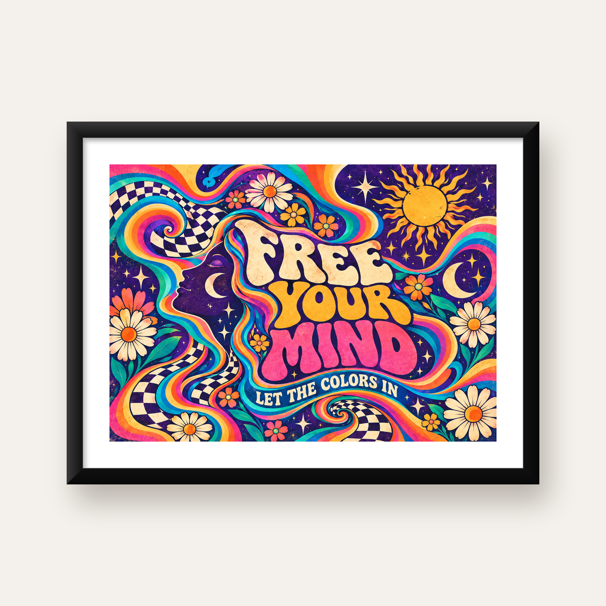 Psikedelik Renkli Özgürlük Poster – Retro Dijital Sanat Baskısı — Yatay baskı, beyaz paspartulu