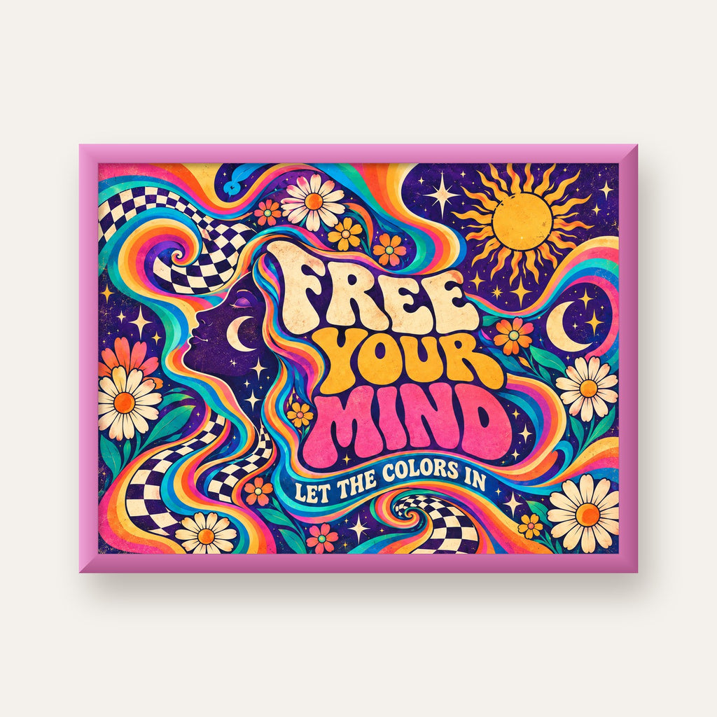 Psikedelik Renkli Özgürlük Poster – Retro Dijital Sanat Baskısı — pembe çerçeveli