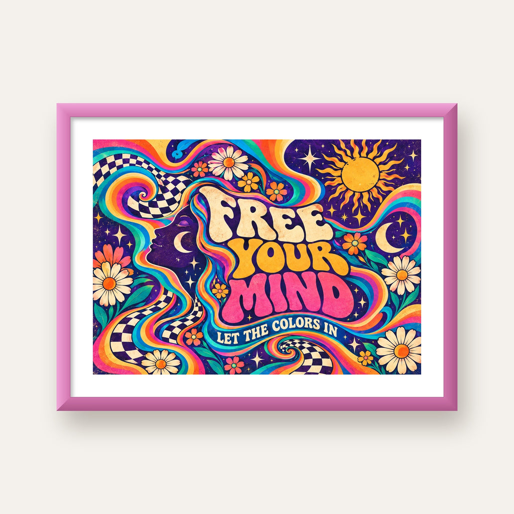 Psikedelik Renkli Özgürlük Poster – Retro Dijital Sanat Baskısı — pembe çerçeveli paspartulu