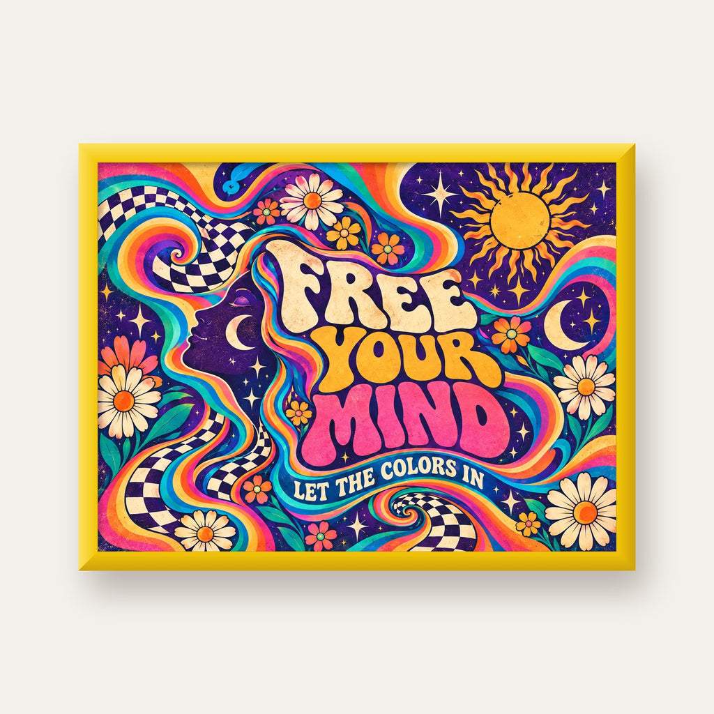Psikedelik Renkli Özgürlük Poster – Retro Dijital Sanat Baskısı — sarı çerçeveli