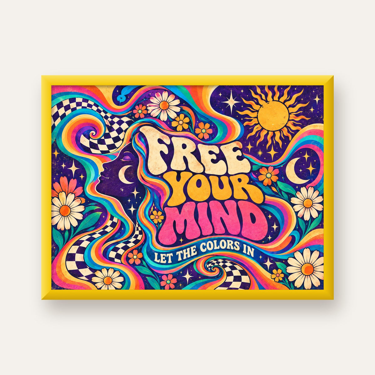 Psikedelik Renkli Özgürlük Poster – Retro Dijital Sanat Baskısı — sarı çerçeveli
