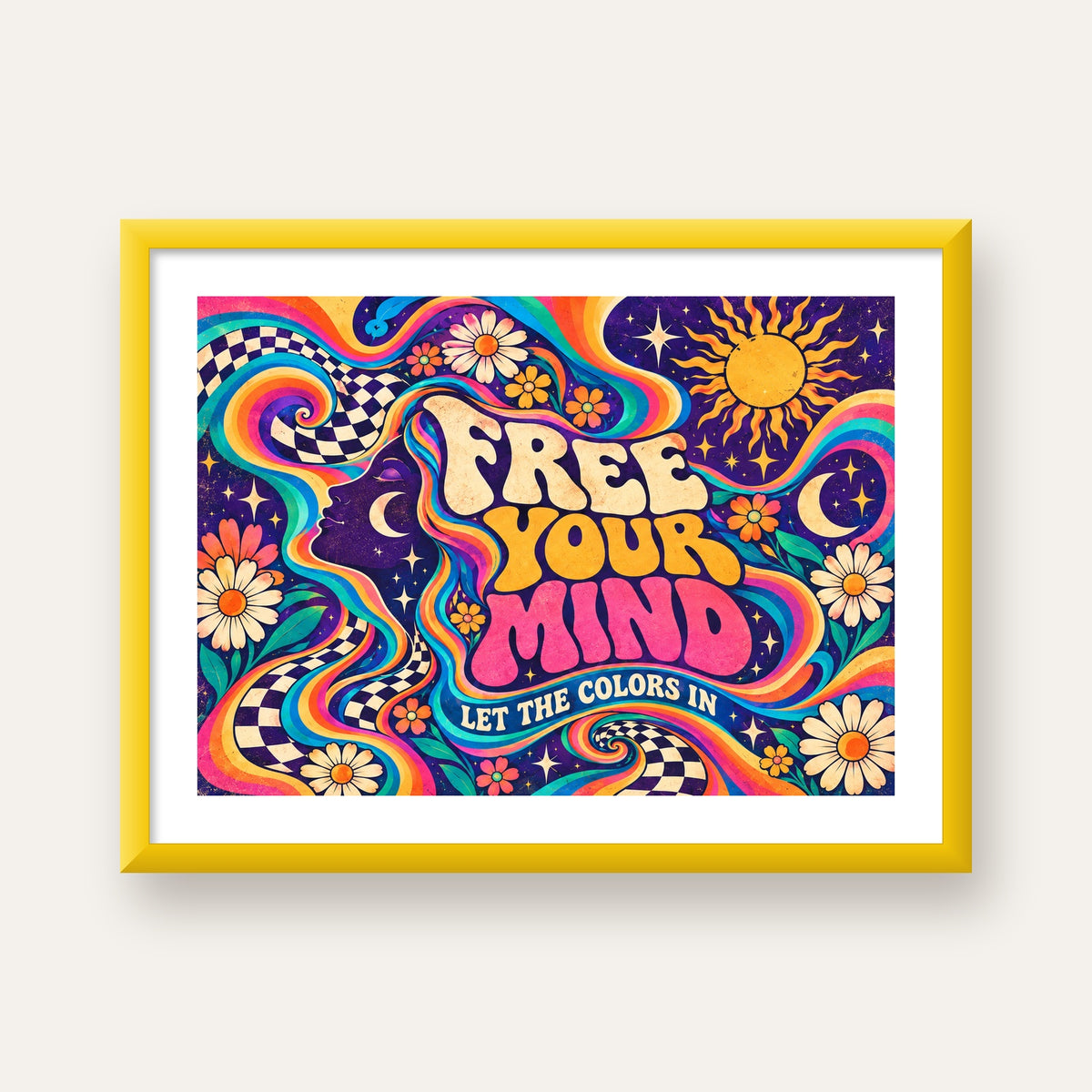 Psikedelik Renkli Özgürlük Poster – Retro Dijital Sanat Baskısı — sarı çerçeveli paspartulu