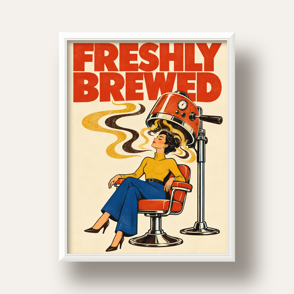 Freshly Brewed Retro Kahve Tipografi Poster — beyaz derin çerçeveli